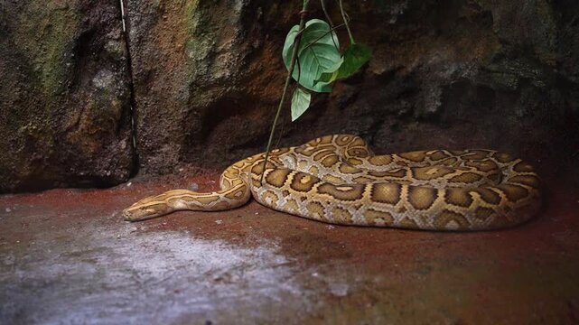 Python resting on the ground in a zoo terrarium