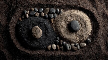 Yin and Yang Zen Garden with Black and Light Sand Stones and Small Pebbles on Dark Soil