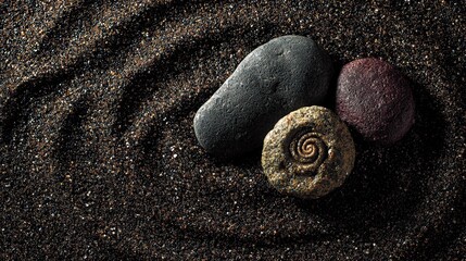 Smooth Gray Black and Red Stones on Dark Sandy Surface with Spiraled Fossil