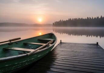 Obraz premium A serene sunrise over a misty lake with a rowboat tied to a wooden dock