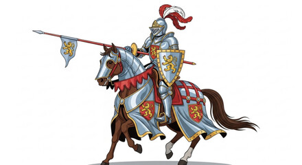 A valiant knight in shining armor rides his majestic horse, embodying chivalry and courage in a medieval scene