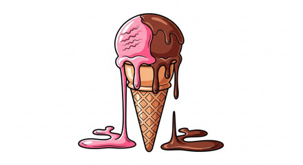 A delightful illustration of a melting ice cream cone with strawberry and chocolate flavors, a sweet summer treat