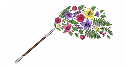 A magical illustration of a wand emitting a burst of colorful flowers and foliage, a symbol of creativity