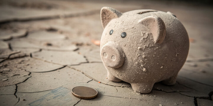 Dusty piggy bank and single coin on dry cracked ground symbolizing financial crisis and recession impacting real estate investment and personal savings and poor economy