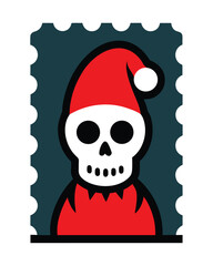A stylized illustration of a skull wearing a santa hat and festive clothing, presented as a postage stamp