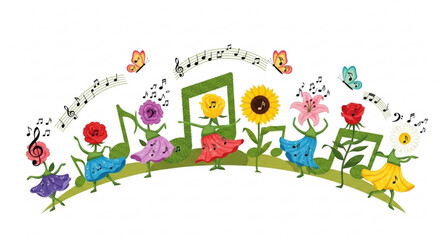 Musical flowers dancing with butterflies and notes, creating a whimsical and joyful scene for a cheerful celebration