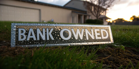 Bank owned sign sits on wet grass in front of house. This unfortunate real estate foreclosure represents financial crisis and recession impacting housing market