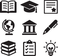 A vector set of education icons featuring a stack of books, a laptop, and a graduation cap representing school and university learning