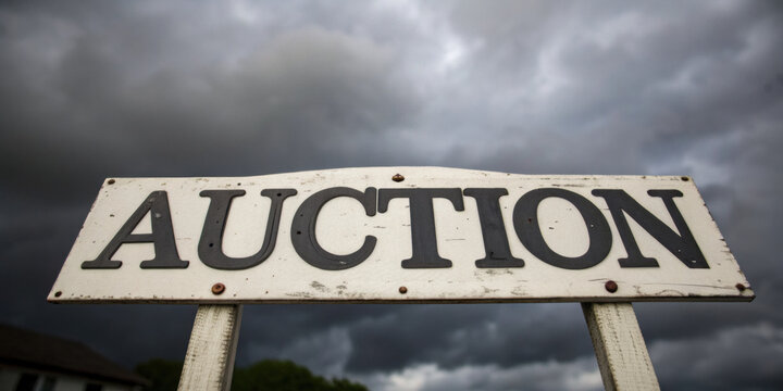 Sad gloomy auction sign for real estate property sale during financial recession. foreclosure notice under dark sky indicates economic hardship and depression
