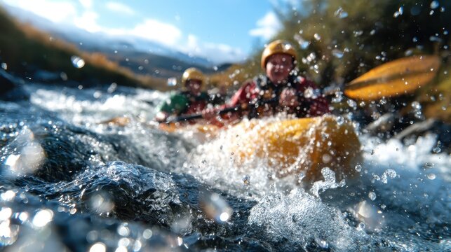 Adventurers navigate through rushing water on a thrilling kayak trip, capturing the essence of excitement, teamwork, and the adrenaline rush of outdoor sports in nature's beauty.