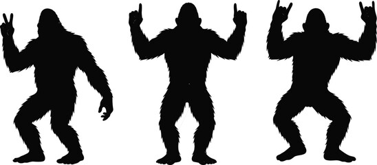 Bigfoot silhouettes set, sasquatch poses, peace sign, pointing gesture, rock on hands, mythical creature, cryptid art, humorous monster illustration