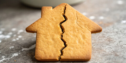 Broken house cookie symbolizes real estate market recession and financial crisis. This division represents property crash and sad broken dream of home ownership