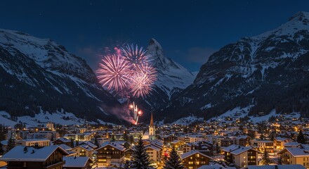 Matterhorn Celebration Fireworks Zermatt Swiss Alps Winter Evening