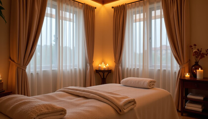 Warm lit massage room with silk curtains and candles