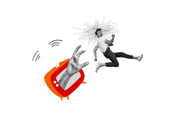 Creative collage picture young man runner escape tv show television antenna broadcasting screen propaganda disinformation fake news