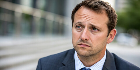 Fototapeta premium Worried businessman feels anxious about real estate market during financial recession. sad and depressed man is stressed thinking about his future outside