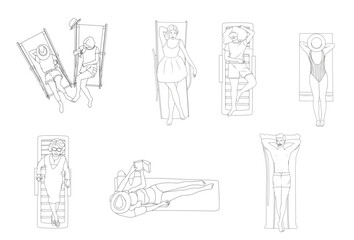Vector top view people on sun loungers relaxing, reading, drinking and sunbathing, CAD illustration set