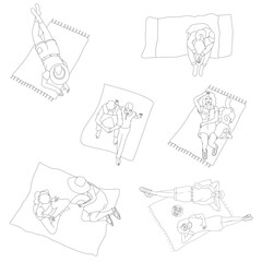 Vector top view people relaxing on picnic blankets, couples and individuals lying down, CAD illustration set