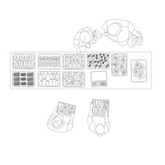 Vector overhead view of people at street market, walking, shopping and carrying goods, CAD blocks set