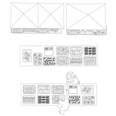 Vector top view people shopping at market, walking with bags, CAD illustration set