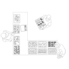 Vector overhead view of people at street market, walking, shopping and carrying goods, CAD blocks set