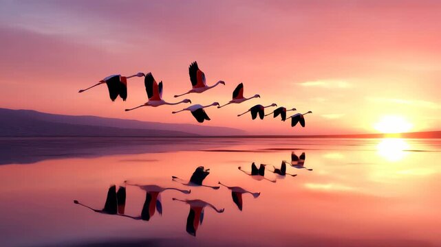 Flock of flamingos flying gracefully over a calm lake at sunset, reflected on the water with a vibrant sky