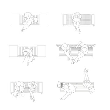 Vector top view people sitting on benches, urban park CAD illustration set