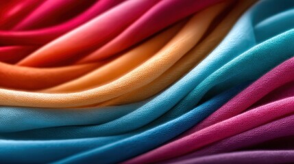 An artistic capture of vibrant silk fabric flows gracefully, showcasing a beautiful spectrum of warm to cool colors, creating an enchanting visual effect that captivates.
