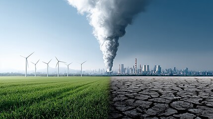 A picture of a green field with windmills and a city in the background