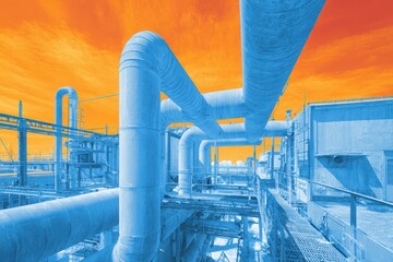 Thermal imaging of industrial heat loss, infrared colors and cool grays, high-contrast technical visual 