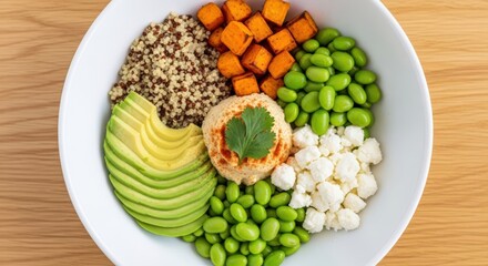 Healthy power bowl with quinoa, avocado, edamame, sweet potato, hummus, and feta cheese. Delicious and nutritious meal.