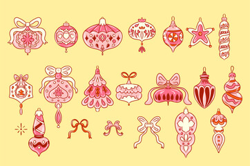 A collection of Christmas tree ornaments, pink glass balls, and white patterned bubbles. A set of 21 vector elements for seasonal holiday design in Art Deco style on a yellow background.