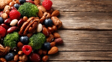 A vibrant display of assorted healthy nuts and fresh berries artfully arranged on a rustic wooden surface, promoting a nutritious diet and a wholesome lifestyle.