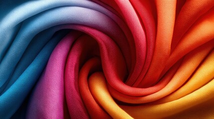 An intricate arrangement of layered textiles swirling together, presenting a captivating gradient with shades of blue, red, pink, and orange that evoke feelings of warmth and joy.