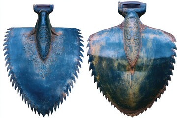 Two antique, blue-green, metal hand tools, possibly saws or scoops, with ornate details on the handles
