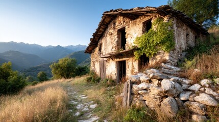 A picturesque scene featuring a weathered old house nestled in the serene embrace of nature, with a charming stone pathway leading through vibrant greenery and mountains.