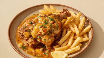 Juicy roasted chicken leg topped with rich gravy sauce, served with crispy French fries and lemon wedge on a rustic ceramic plate under warm natural light
