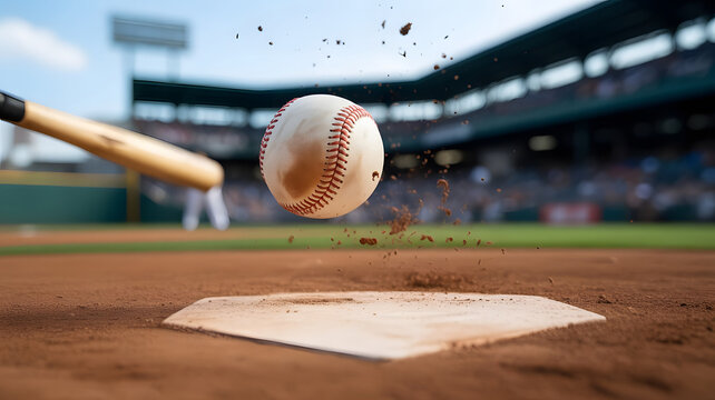A baseball floats with a blur effect after being hit by a bat, an energetic composition depicting the speed and tension of professional sports. - Powered by Adobe