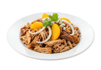A plate of tender, shredded pork, garnished with sliced oranges and onions, presented against a stark black background.