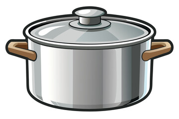 A closed metal cooking pot with a silver body and wooden handles is visible