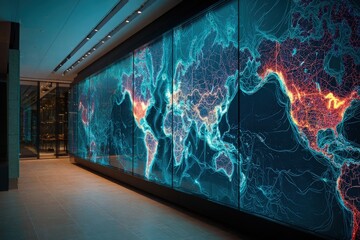 Undersea cable map displayed in digital glass panel, ocean navy and bright coral, network coverage design 