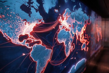 Undersea cable map displayed in digital glass panel, ocean navy and bright coral, network coverage design 
