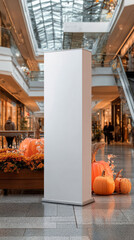 Blank banner mockup. Banner mockup in a shopping mall decorated for Halloween.