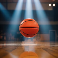 Basketball Suspended in Mid-Air Under Dramatic Spotlights on Court