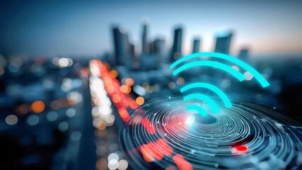 Futuristic smart city skyline with digital AR interface and glowing Wi-Fi symbol above blurred traffic lights - Powered by Adobe