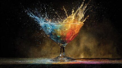 An abstract visualization of a vibrant colorful cocktail glass slowly cracking and draining of its color against a dark background.