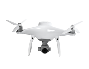 Sleek, white drone with four propellers, a central camera, and foldable arms, viewed from a frontal perspective against a black background