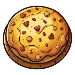Cartoon cookie displays golden dough and chocolate chips with bold outlining over a white backdrop