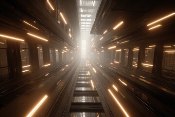 Vibration sensors installed on high-rise elevator shaft, charcoal and golden beige, construction focus 