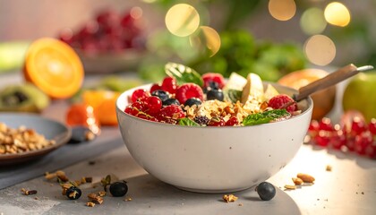 A close-up showcases a breakfast bowl brimming with vibrant fruits, seeds, and nuts on a light-filled surface, with bokeh